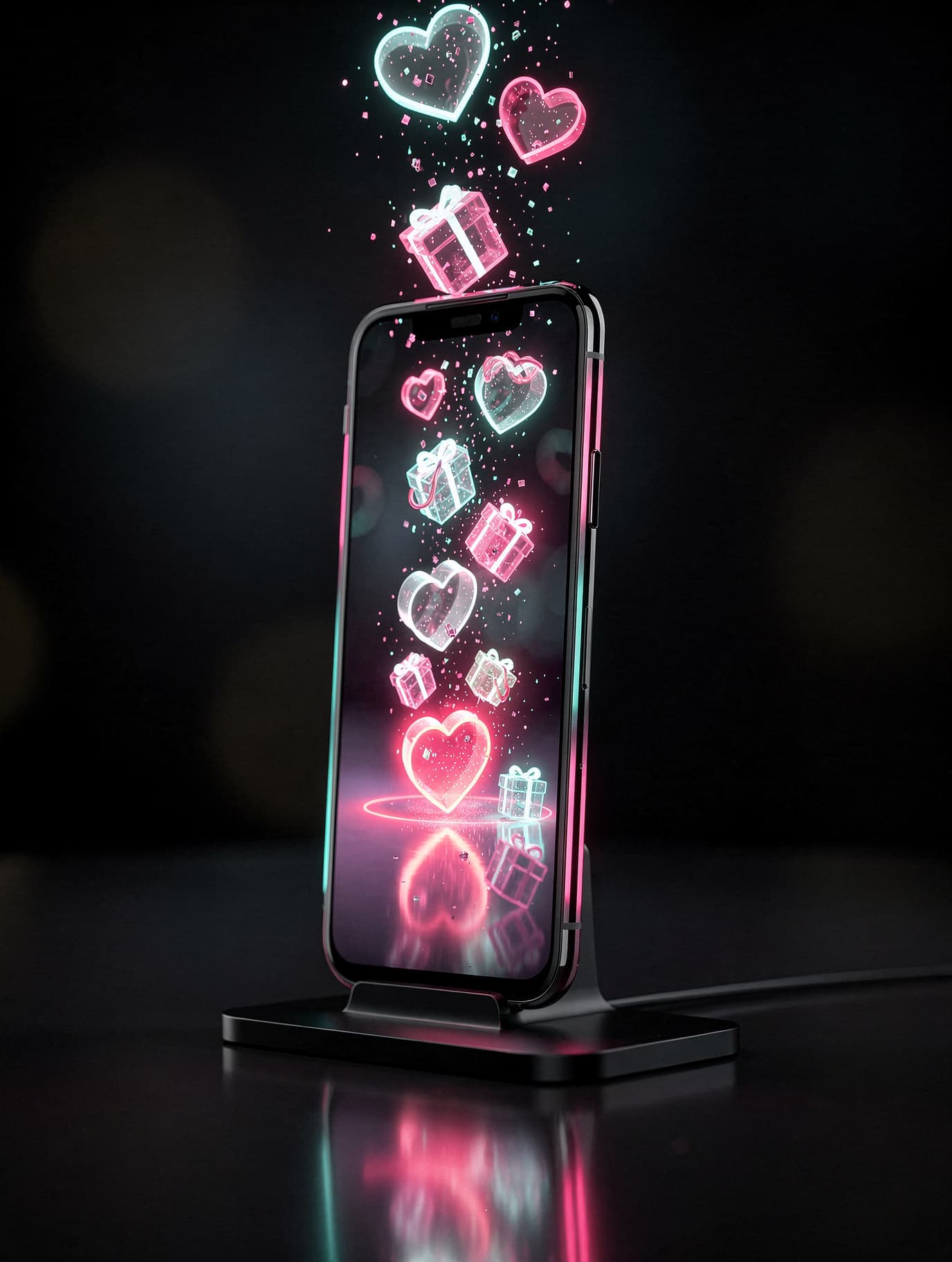 Celular exibindo uma LIVE com presentes e corações em neon